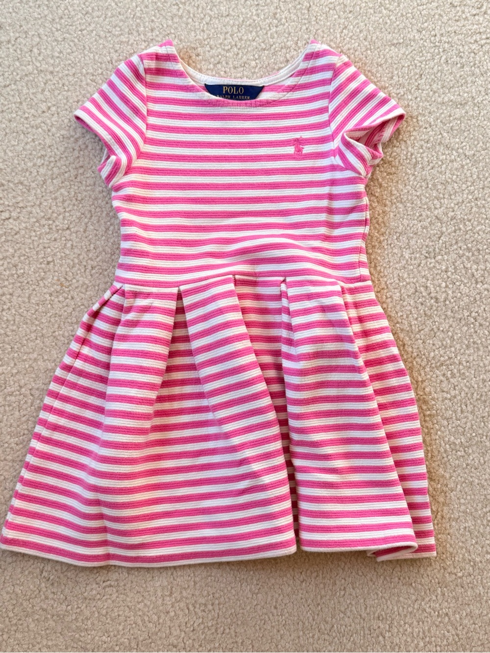 Polo by Ralph Lauren Pink & White Striped Knit Fit-and-Flare Dress
